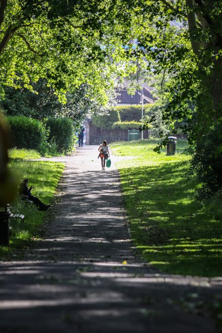 A person walking along a paved pathway in a green park, carrying a large bag in one hand and a smaller item in the other, surrounded by lush trees with bright green foliage. The pathway is shaded by overhanging branches, and in the background, there are other park visitors and a building partially visible behind the trees. The scene is well-lit with natural daylight, illustrating a peaceful outdoor setting. This image can relate to the peaceful environment of a residential area or park near a house relocation or moving process, supported by Removal Van Highbury’s mention of professional removals services.