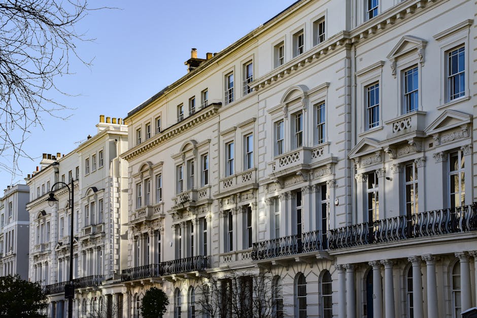 The image shows a row of Victorian-style terraced houses with ornate architectural details, painted predominantly in shades of blue and white. In front of the houses, there are brick steps leading up to the front doors, with black metal railings and small landscaped areas featuring potted plants and flowerbeds. The ground-level windows are framed with decorative molding, and some window sills have flower pots. The houses are situated on a paved sidewalk, with a clear sky overhead. This setting reflects a typical urban residential area suitable for house removals and home relocation services. The professional removals company, Removal Van Highbury, may use such a location for conducting packing, loading, and transport of household furniture and boxes during the moving process, emphasizing the importance of careful planning and efficient furniture transport within city-based house removals, especially in the Highbury area related to N5 removals advice.